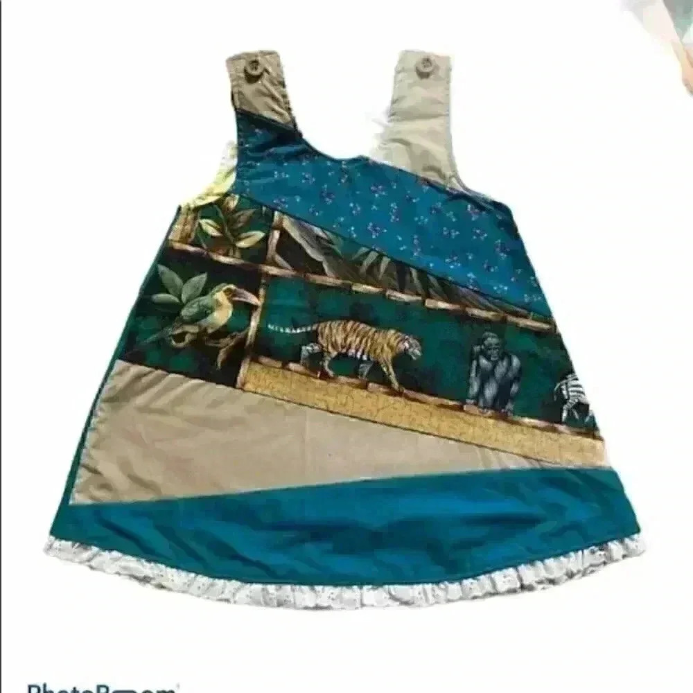Zoo safari patchwork inspired dress 2-3 teal